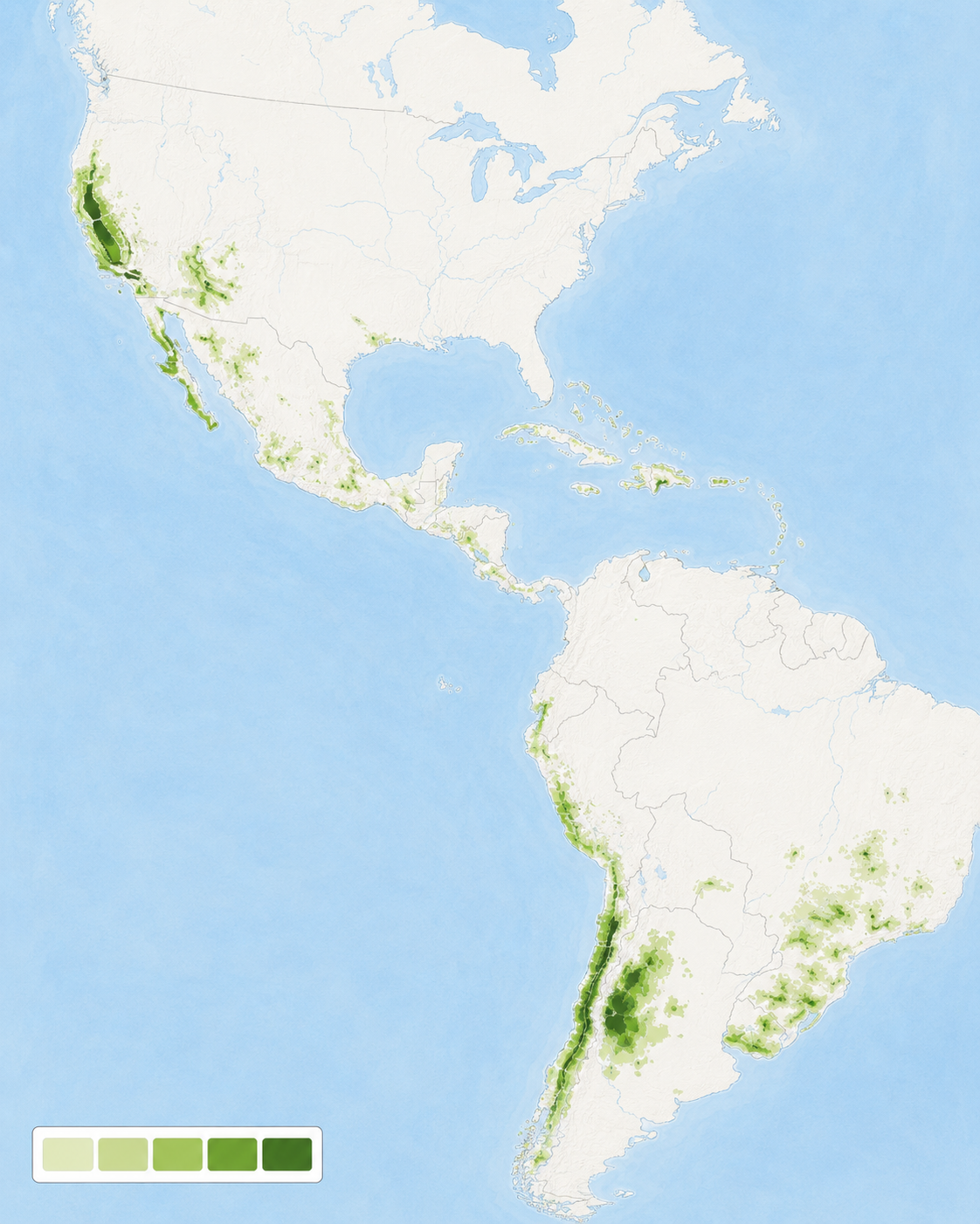 Mapa de las zonas olivareras de América