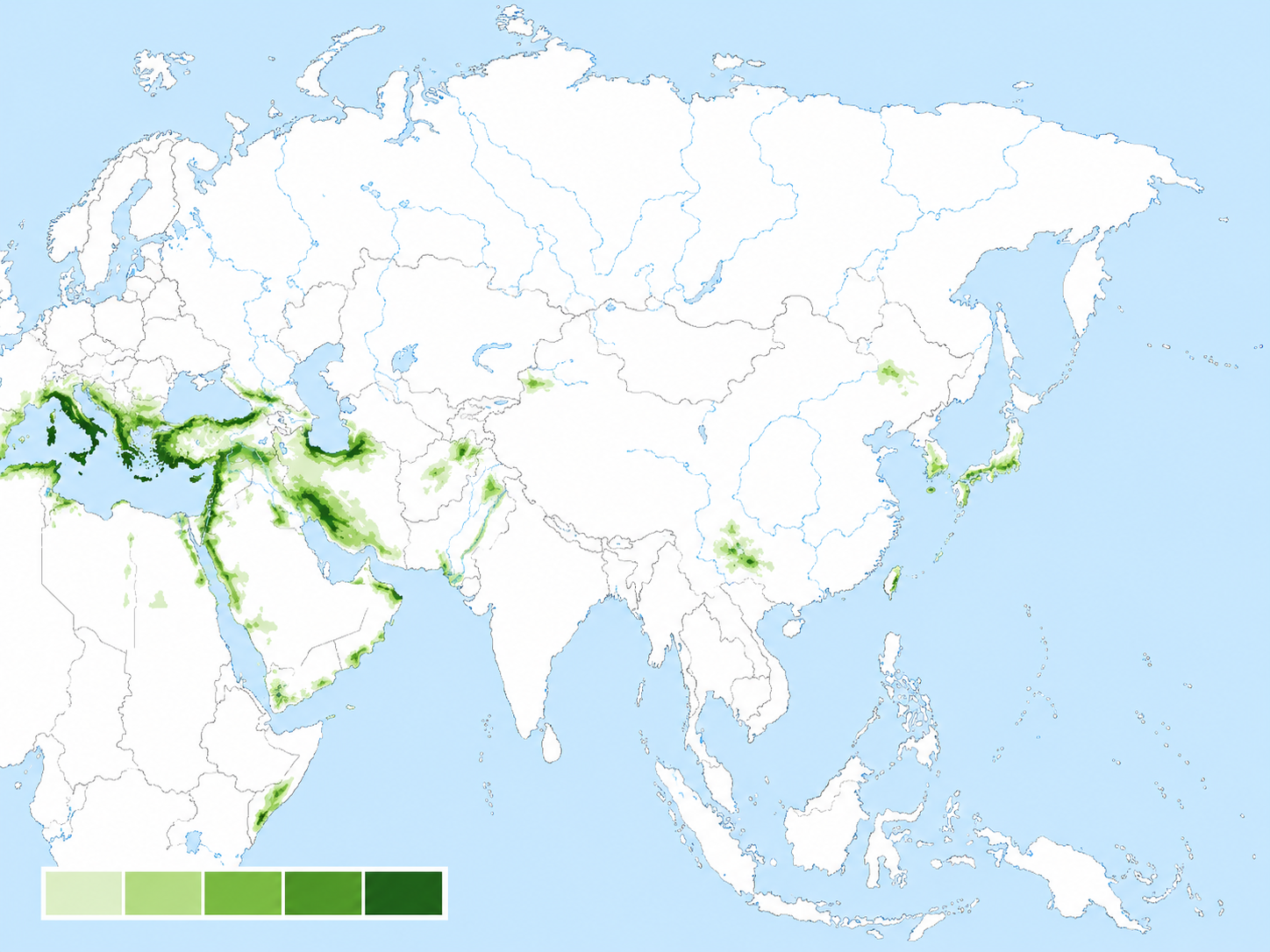Mapa de las zonas olivareras de Asia